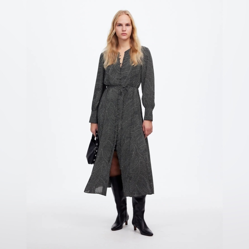 NWT Madewell Black Tie-Waist Midi Dress in White Dot, Size XS